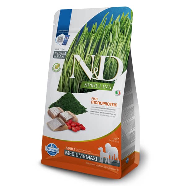 FARMINA N&D DOG GF SPIRULINA HERRING M/L suņu barība Siļķe, spirulīna 7kg